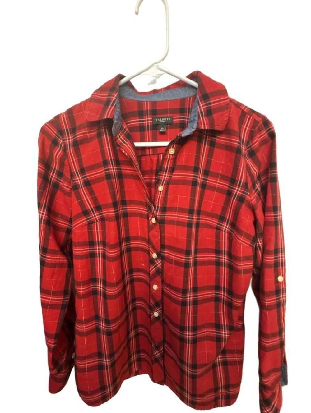 Talbots Petites Red Black Plaid Button Up Long Sleeve Shirt Size S